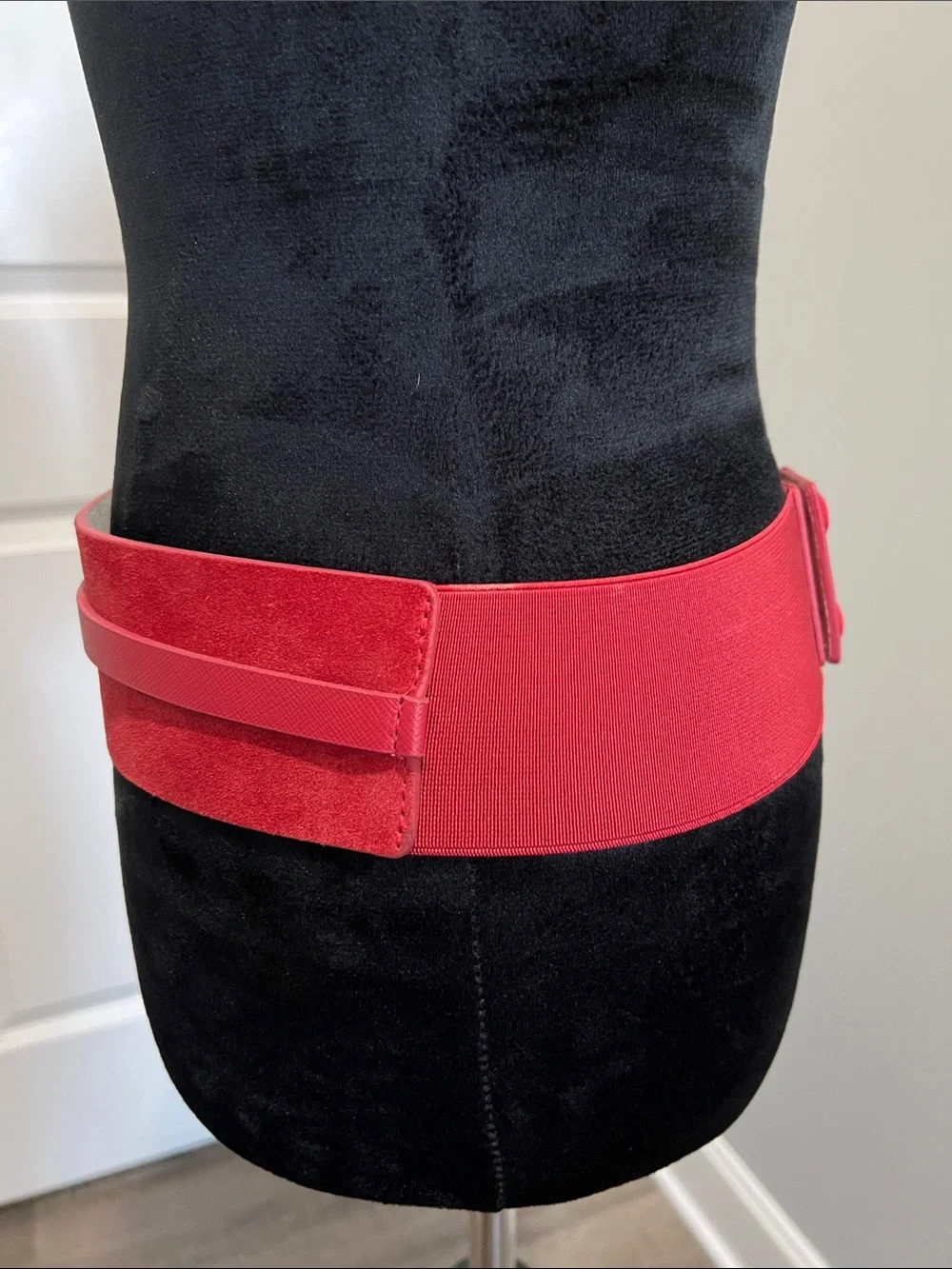 White House Black Market Red Suede Wide Waist Belt with Gold Buckle